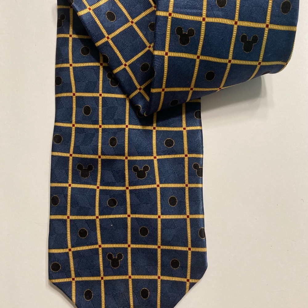 Disney Walt Disney World Blue Yellow Checkered Tie Black Mickey Mouse Pattern